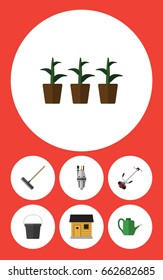Flat Icon Farm Set Of Pump, Pail, Stabling And Other Vector Objects. Also Includes Flowerpot, Botany, Cutter Elements.