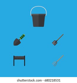 Flat Icon Farm Set Of Shovel, Pail, Barbecue And Other Vector Objects. Also Includes Pail, Brazier, Container Elements.