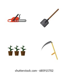 Flat Icon Farm Set Of Shovel, Flowerpot, Hacksaw And Other Vector Objects. Also Includes Shovel, Spade, Flowerpot Elements.