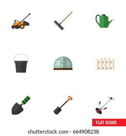 Flat Icon Farm Set Of Spade, Grass-Cutter, Bailer And Other Vector Objects. Also Includes Pail, Shovel, Cutter Elements.