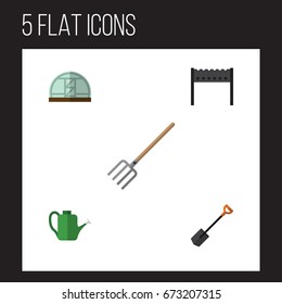 Flat Icon Farm Set Of Spade, Bailer, Hay Fork And Other Vector Objects. Also Includes Tool, Bbq, Can Bailer Elements.