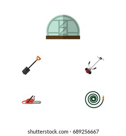 Flat Icon Farm Set Of Spade, Grass-Cutter, Hosepipe And Other Vector Objects. Also Includes Lawn, Hosepipe, Tool Elements.