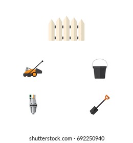 Flat Icon Farm Set Of Spade, Wooden Barrier, Pail And Other Vector Objects. Also Includes Barrier, Tool, Wooden Elements.