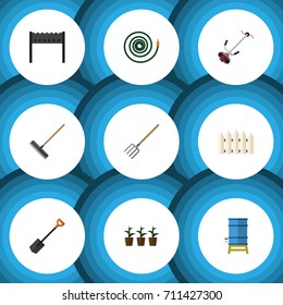 Flat Icon Farm Set Of Spade, Barbecue, Hosepipe And Other Vector Objects. Also Includes Barbecue, Spade, Barrier Elements.