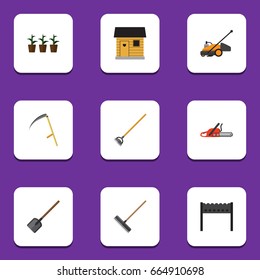 Flat Icon Farm Set Of Stabling, Harrow, Shovel And Other Vector Objects. Also Includes Saw, Stabling, Tool Elements.