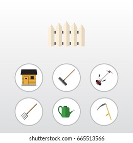 Flat Icon Farm Set Of Stabling, Harrow, Wooden Barrier And Other Vector Objects. Also Includes Barn, Rake, Lawn Elements.