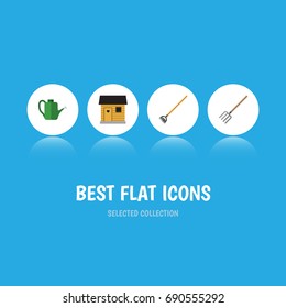 Flat Icon Farm Set Of Stabling, Bailer, Tool And Other Vector Objects. Also Includes Watering, Tool, Barn Elements.