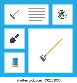 Flat Icon Farm Set Of Tool, Harrow, Hosepipe And Other Vector Objects. Also Includes Hoe, Water, Tool Elements.