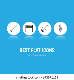 Flat Icon Farm Set Of Tool, Barbecue, Grass-Cutter And Other Vector Objects. Also Includes Equipment, Cutter, Brazier Elements.