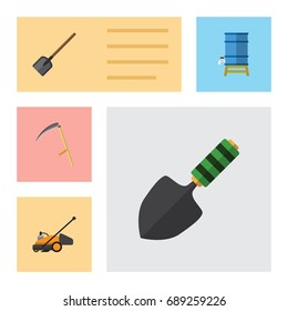 Flat Icon Farm Set Of Trowel, Lawn Mower, Cutter And Other Vector Objects. Also Includes Spade, Water, Mower Elements.