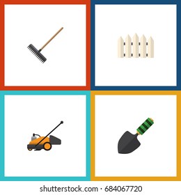 Flat Icon Farm Set Of Wooden Barrier, Trowel, Lawn Mower And Other Vector Objects. Also Includes Rake, Harrow, Mower Elements.