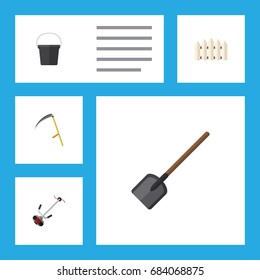 Flat Icon Farm Set Of Wooden Barrier, Cutter, Shovel And Other Vector Objects. Also Includes Lawn, Mower, Tool Elements.