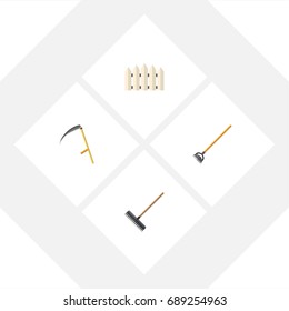 Flat Icon Farm Set Of Wooden Barrier, Cutter, Harrow And Other Vector Objects. Also Includes Harrow, Fence, Barrier Elements.