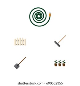 Flat Icon Farm Set Of Wooden Barrier, Harrow, Hosepipe And Other Vector Objects. Also Includes Fence, Flowerpot, Hose Elements.