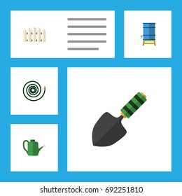 Flat Icon Farm Set Of Wooden Barrier, Trowel, Container And Other Vector Objects. Also Includes Can Bailer, Fence, Garden Elements.