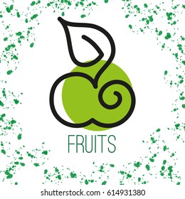 A flat icon in a fashionable modern thin style. Stylized apple on a grunge background of green sprays.