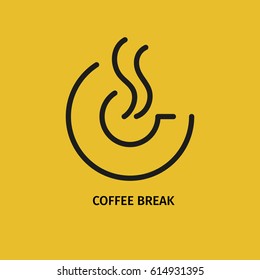 A flat icon in a fashionable modern thin style. Stylized cup with coffee and a plate on a bright background with space for text.