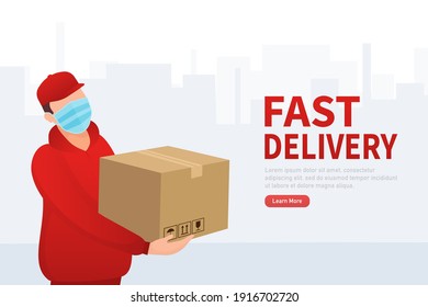 Flat icon with fast delivery people for mobile app design. Fast courier. Stay safe. Safe food delivery. Hand hygiene.