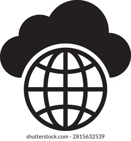 Flat icon featuring a black cloud symbol above a globalnetwork globe