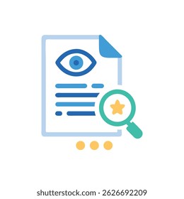 Flat icon featuring an eye on a document being reviewed with a magnifying glass, clean vector style.