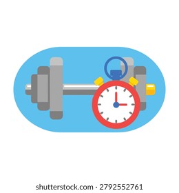 A flat icon featuring a grey metal dumbbell combined with a red stopwatch. Represents fitness training time, workout duration, exercise efficiency, and gym schedule.