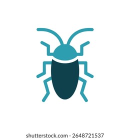 Ícone plano com uma barata azul com sua antena distinta e seis pernas, exibido como uma silhueta simples e limpa contra um fundo branco transparente.