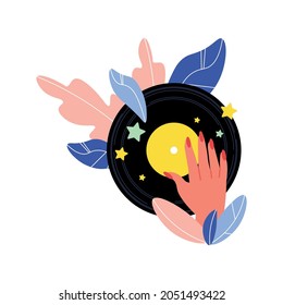 Flat icon with female hand on vinyl disc vector illustration