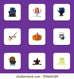 Flat Icon Festival Set Of Broom, Witch Cap, Magic And Other Vector Objects. Also Includes Terrible, Monster, Spirit Elements.