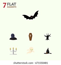 Flat Icon Festival Set Of Candlestick, Witch Cap, Casket Vector Objects. Also Includes Candle, Terrible, Wizard Elements.
