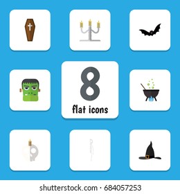 Flat Icon Festival Set Of Candlestick, Cranium, Magic Vector Objects. Also Includes Superstition, Magic, Skeleton Elements.