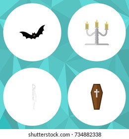 Flat Icon Festival Set Of Candlestick, Superstition, Skeleton Vector Objects. Also Includes Bones, Creepy, Skeleton Elements.
