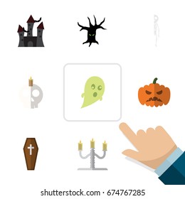Flat Icon Festival Set Of Cranium, Skeleton, Fortress And Other Vector Objects. Also Includes Gourd, Casket, Candle Elements.