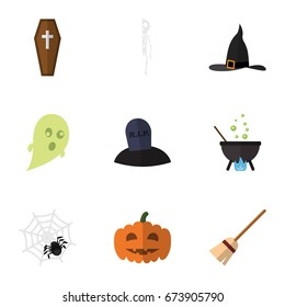 Flat Icon Festival Set Of Magic, Casket, Spinner And Other Vector Objects. Also Includes Arachnid, Cranium, Grave Elements.