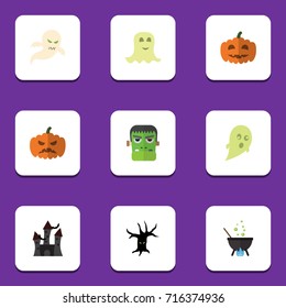 Flat Icon Festival Set Of Magic, Spirit, Monster And Other Vector Objects. Also Includes Tree, Vampire, Ghost Elements.