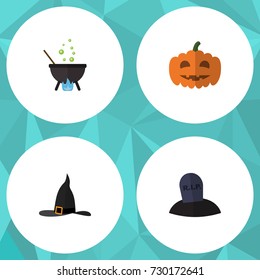 Flat Icon Festival Set Of Magic, Witch Cap, Tomb And Other Vector Objects. Also Includes Cauldron, Halloween, Boiling Elements.