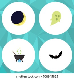 Flat Icon Festival Set Of Phantom, Crescent, Magic And Other Vector Objects. Also Includes Cauldron, Creepy, Phantom Elements.