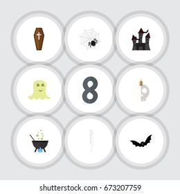 Flat Icon Festival Set Of Skeleton, Spinner, Casket And Other Vector Objects. Also Includes Ghost, Magic, Cobweb Elements.