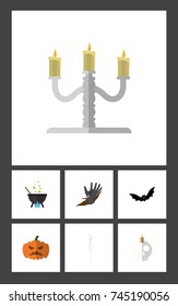 Flat Icon Festival Set Of Skeleton, Magic, Candlestick Vector Objects. Also Includes Pumpkin, Creepy, Magic Elements.