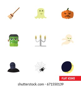 Flat Icon Festival Set Of Spinner, Spirit, Candlestick Vector Objects. Also Includes Arachnid, Rip, Candle Elements.