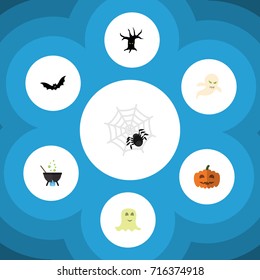 Flat Icon Festival Set Of Spinner, Magic, Ghost And Other Vector Objects. Also Includes Arachnid, Superstition, Bat Elements.