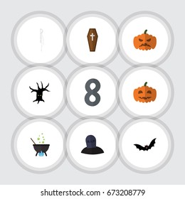 Flat Icon Festival Set Of Superstition, Magic, Terrible Halloween And Other Vector Objects. Also Includes Casket, Skeleton, Bones Elements.