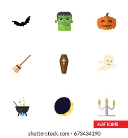 Flat Icon Festival Set Of Superstition, Monster, Candlestick Vector Objects. Also Includes Boiling, Cauldron, Moon Elements.