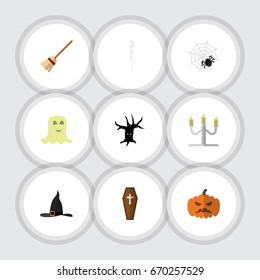 Flat Icon Festival Set Of Terrible Halloween, Broom, Pumpkin And Other Vector Objects. Also Includes Gourd, Pumpkin, Arachnid Elements.