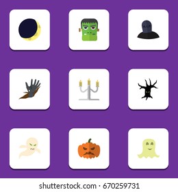 Flat Icon Festival Set Of Terrible Halloween, Monster, Spirit And Other Vector Objects. Also Includes Spirit, Gourd, Monster Elements.