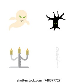 Flat Icon Festival Set Of Terrible Halloween , Ghost, Candlestick Vector Objects. Also Includes Specter, Tree, Terrible Elements.