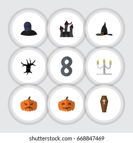 Flat Icon Festival Set Of Tomb, Fortress, Gourd And Other Vector Objects. Also Includes Pumpkin, Casket, Monster Elements.