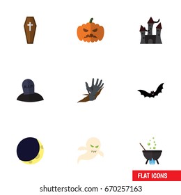Flat Icon Festival Set Of Tomb, Crescent, Magic And Other Vector Objects. Also Includes Superstition, Dead, Gourd Elements.