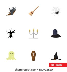 Flat Icon Festival Set Of Tomb, Spirit, Spinner And Other Vector Objects. Also Includes Ghost, Dead, Candelabrum Elements.