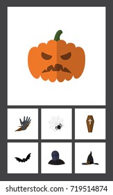 Flat Icon Festival Set Of Tomb, Pumpkin, Witch Cap And Other Vector Objects. Also Includes Coffin, Hand, Arachnid Elements.