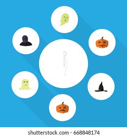 Flat Icon Festival Set Of Witch Cap, Pumpkin, Spirit And Other Vector Objects. Also Includes Phantom, Halloween, Gourd Elements.